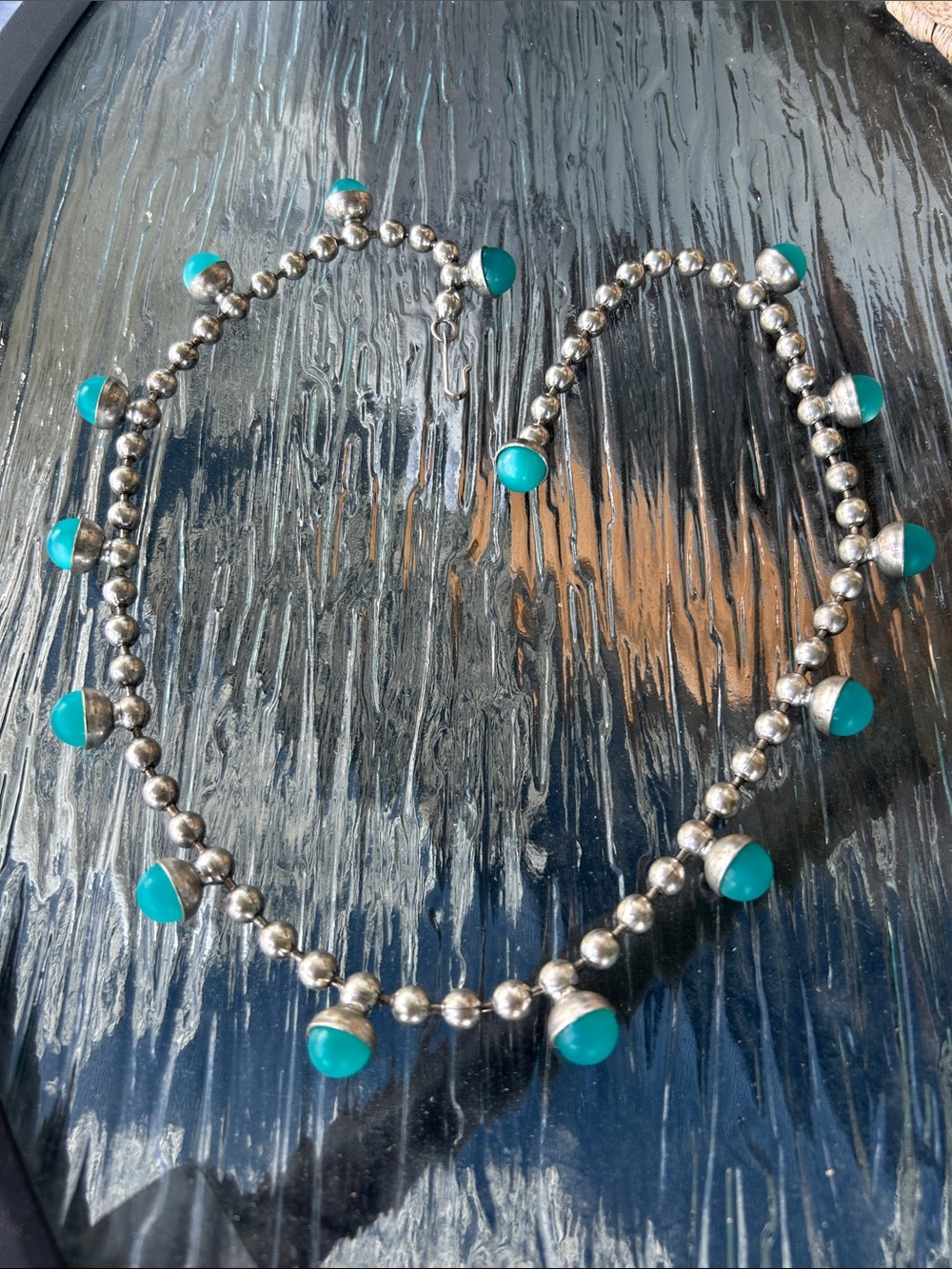 Vintage Dead Stock Moonglow Lucite Ball Antique Silver Plate Necklace